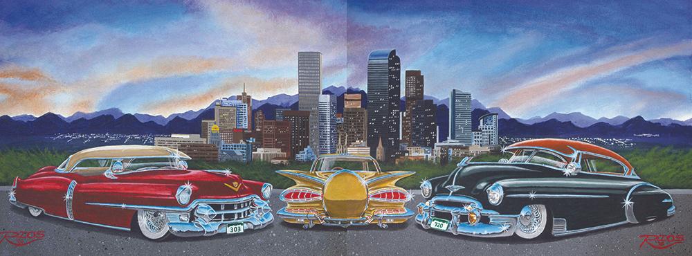 "Denver Skyline with Lowriders" prison art Print on Demand Mario Rios 