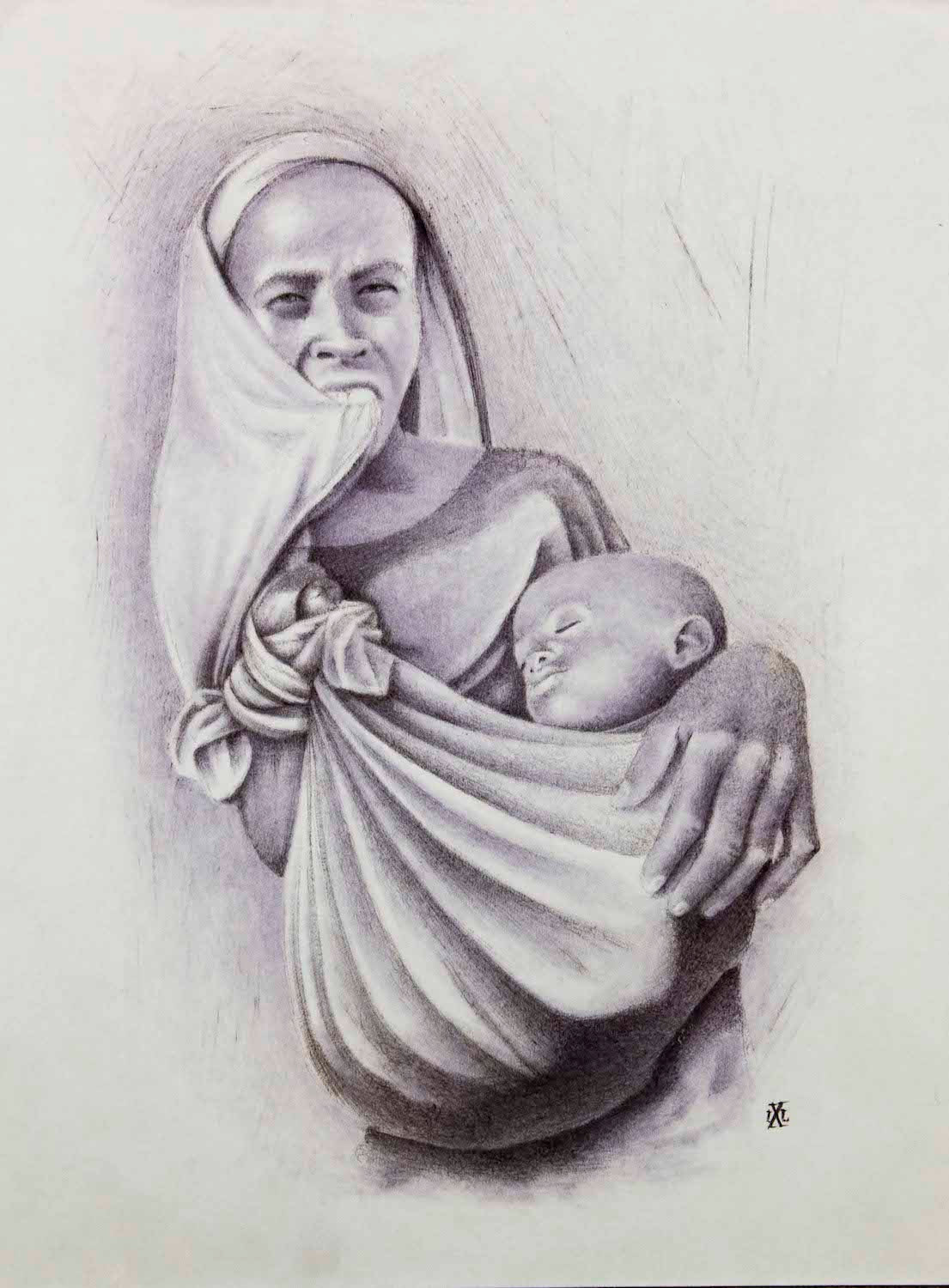 "African mother & child refugees" prison art original art The Exile 