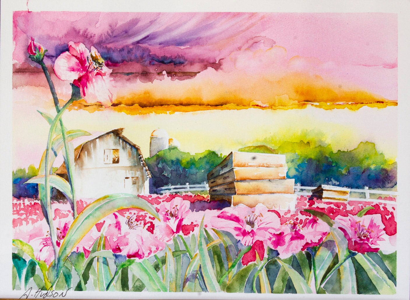 Pink Flowers, Bee Boxes, and Barn fine prison art original art Allen Hudson 