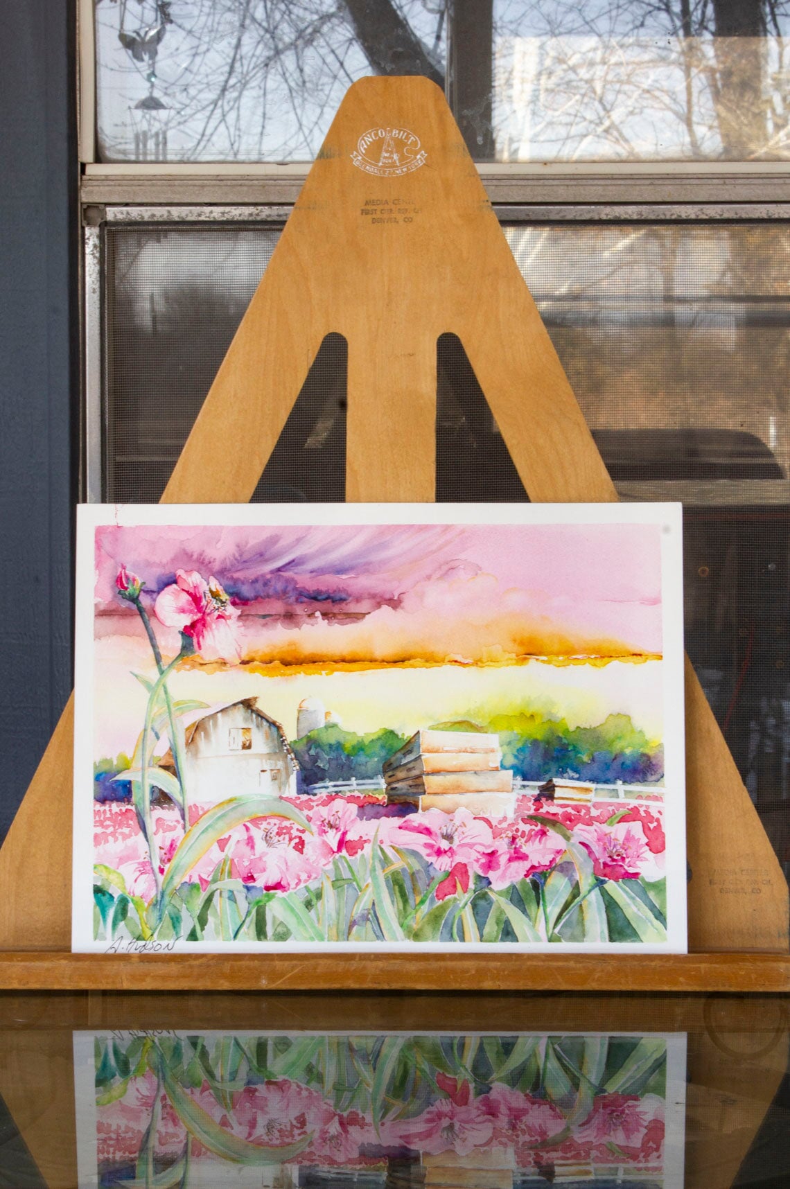 Pink Flowers, Bee Boxes, and Barn fine prison art original art Allen Hudson 