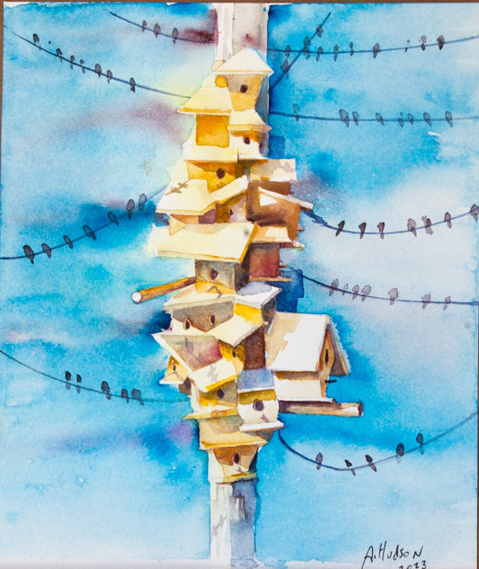 Pole with Yellow Bird house Community fine prison art original art Allen Hudson 