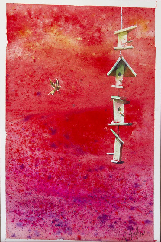 String of Bird Houses on Red Background fine prison art original art Allen Hudson 