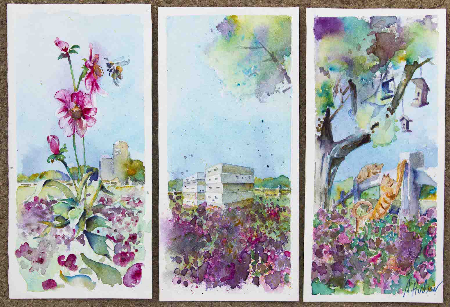 "Bees Box Field Triptych" prison art original art Allen Hudson 